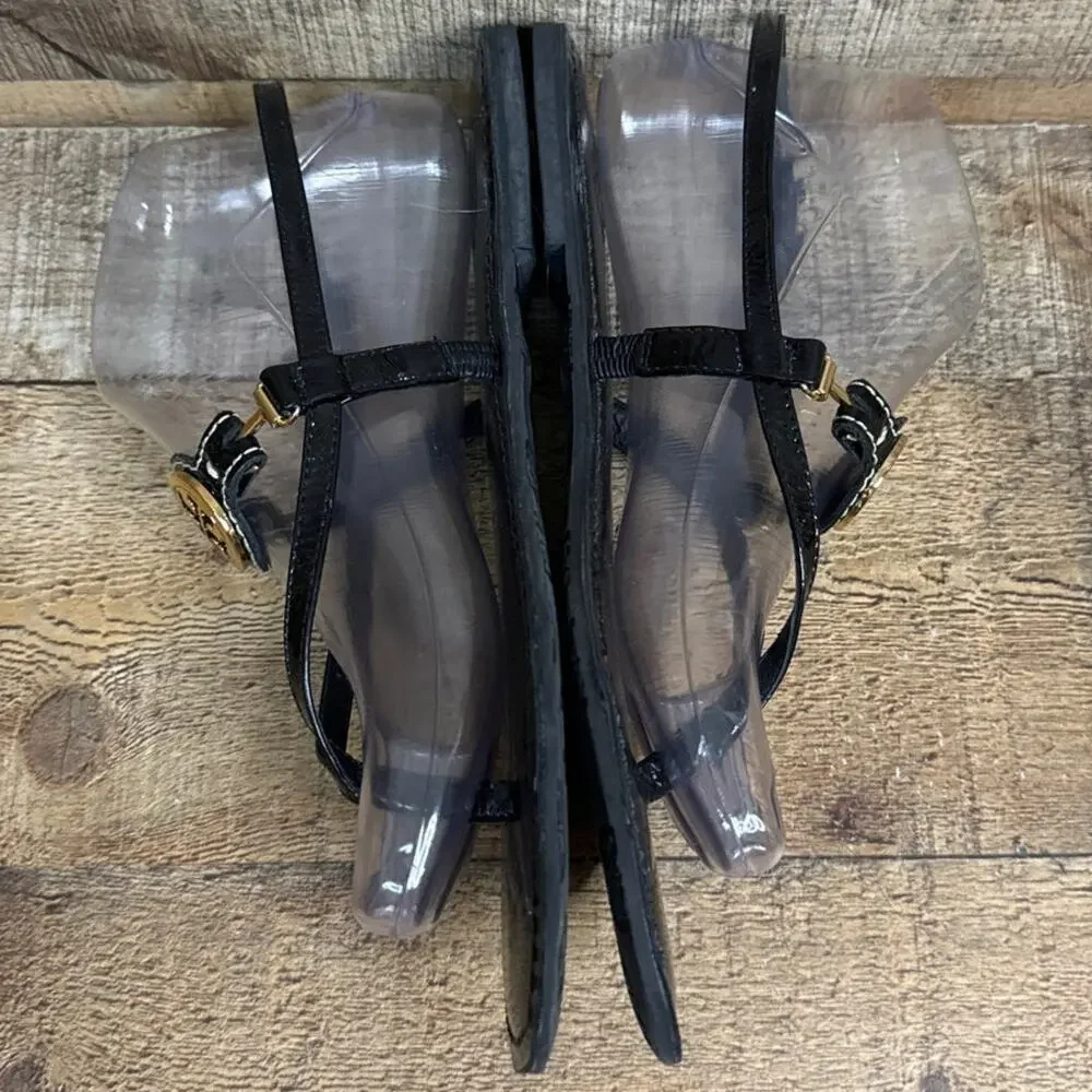 Tory Burch Ali Slingback Black Patent Leather Sandals Gold Metal Logo Size 8